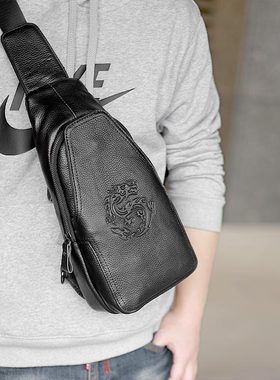 左森真皮胸包手机袋男士单肩包软皮斜挎包头层牛皮小包骑行包潮流