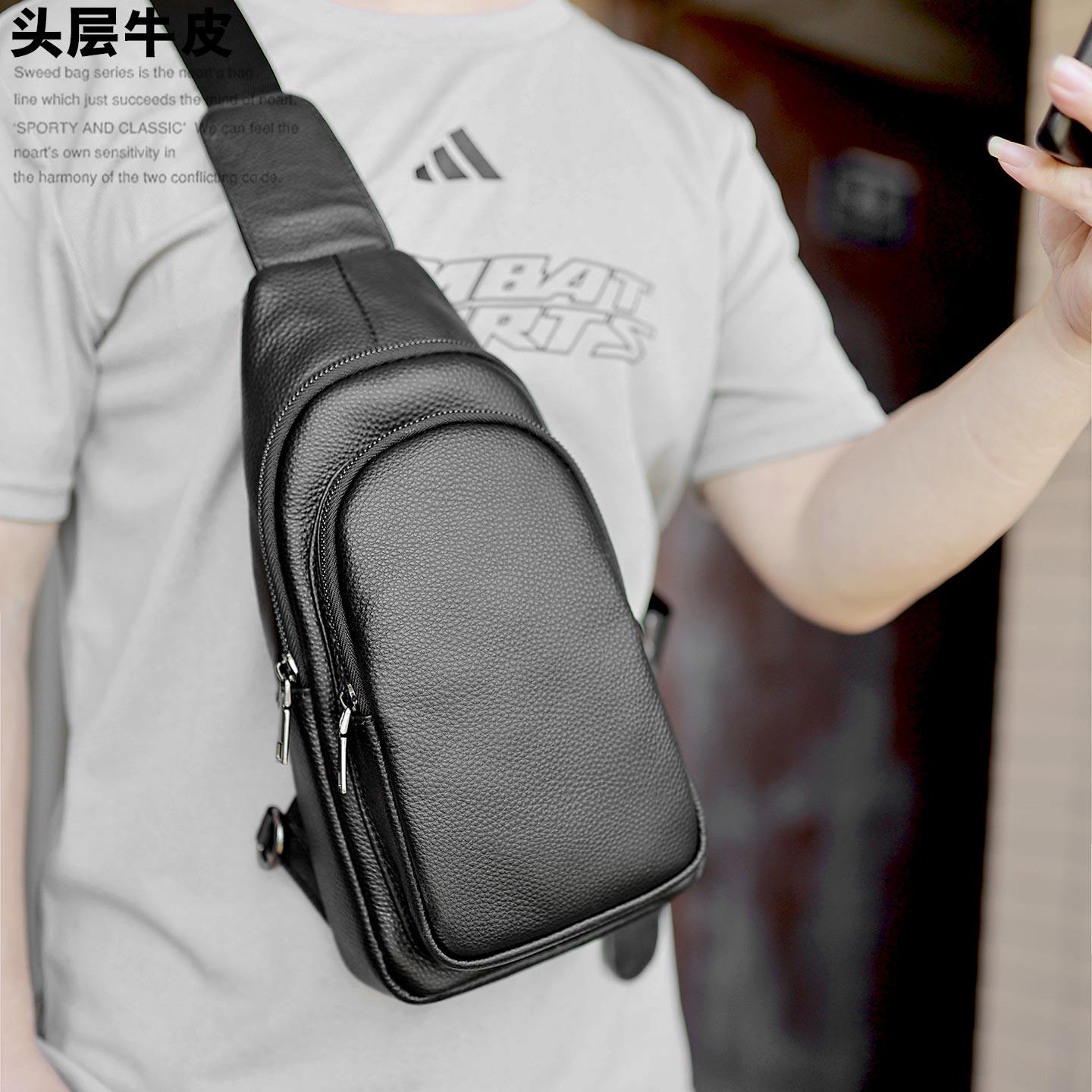 左森zuosen胸包男头层牛皮骑行图片