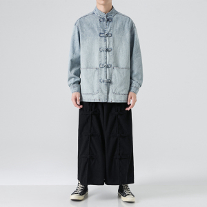 秋冬牛仔唐装汉服厚水洗做旧破洞风牛仔夹克 JK43 F100图片