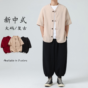 25复古加大码中山装中袖棉麻无领风扣子唐装衬衫 C88 P70图片