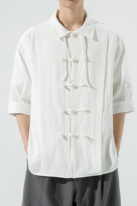 2024加大码麻料纯色翻领风汉服唐装风衬衫 C57 F65图片
