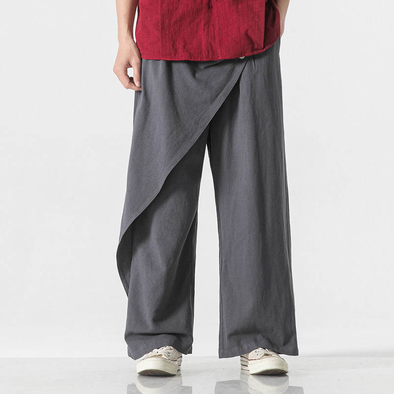 24年新中式夏纯色真麻水洗做旧汉服风休闲裤K150F75，男装民族服装，电商B375