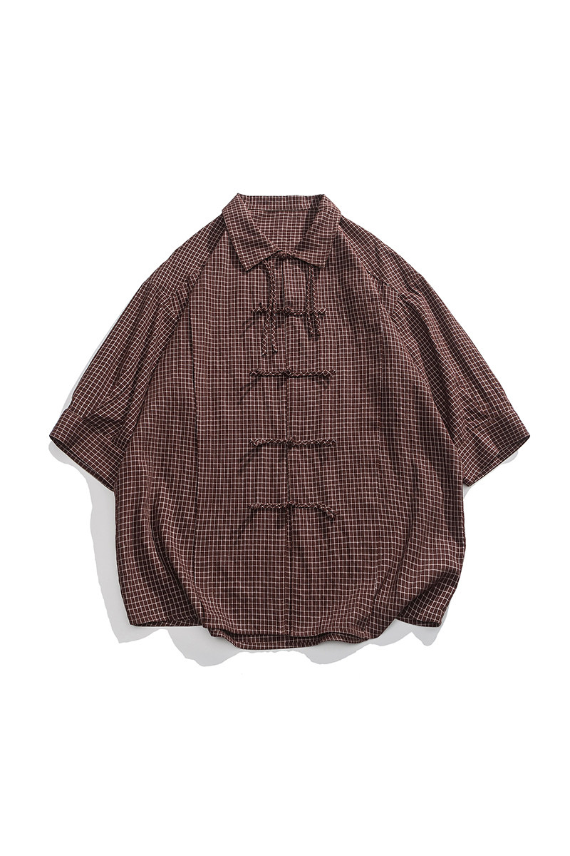 夏装港风实物图暗格子双门襟新中式翻领汉服平铺图衬衫C77F65,男装衬衫,电商B375