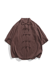 夏装港风实物图暗格子双门襟新中式翻领汉服平铺图衬衫 C77 F65图片