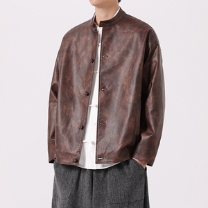 冬季宽松立领布扣中式皮衣中山装风唐装夹克 JK69 P125,男装皮衣,电商B375