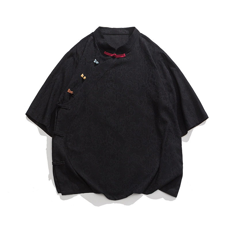 新中式中袖麻料复古汉服马褂风衬衫M到5XLJK59F65,男装衬衫,电商B375