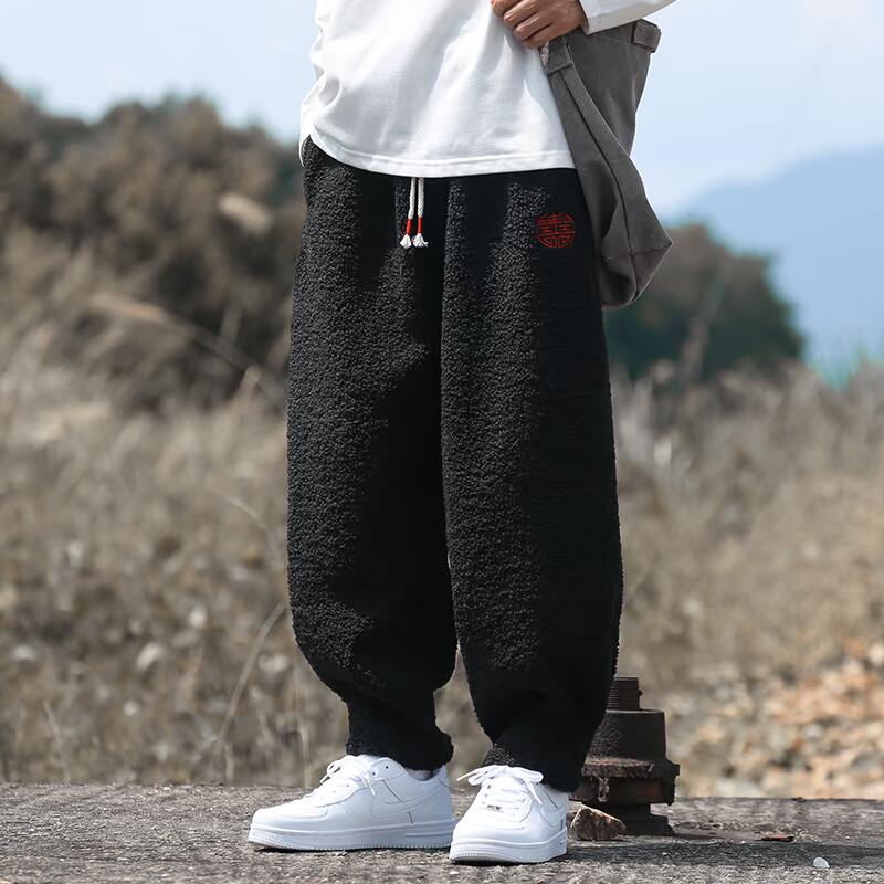 冬新中式羊羔毛宽松厚汉服唐装搭配风休闲毛绒裤K121P70,男装休闲裤,电商B375
