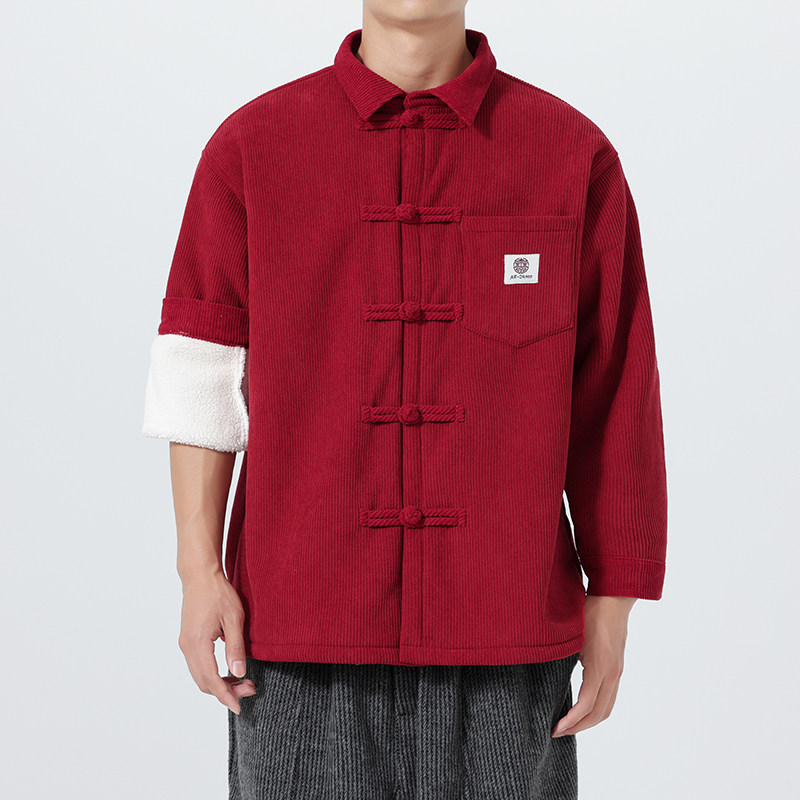 冬装古风汉服翻领中山装加绒加厚衬衫风衬衣JK83P115,男装衬衫,电商B375