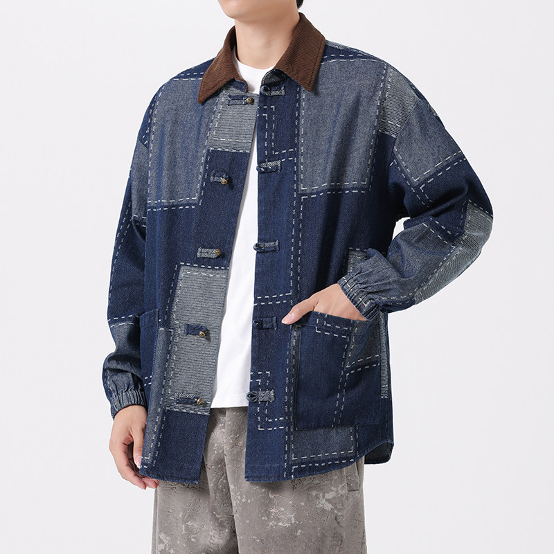 25年复古牛仔水洗布扣古风中式翻领夹克风外套JK64P110,男装工装外套,电商B375