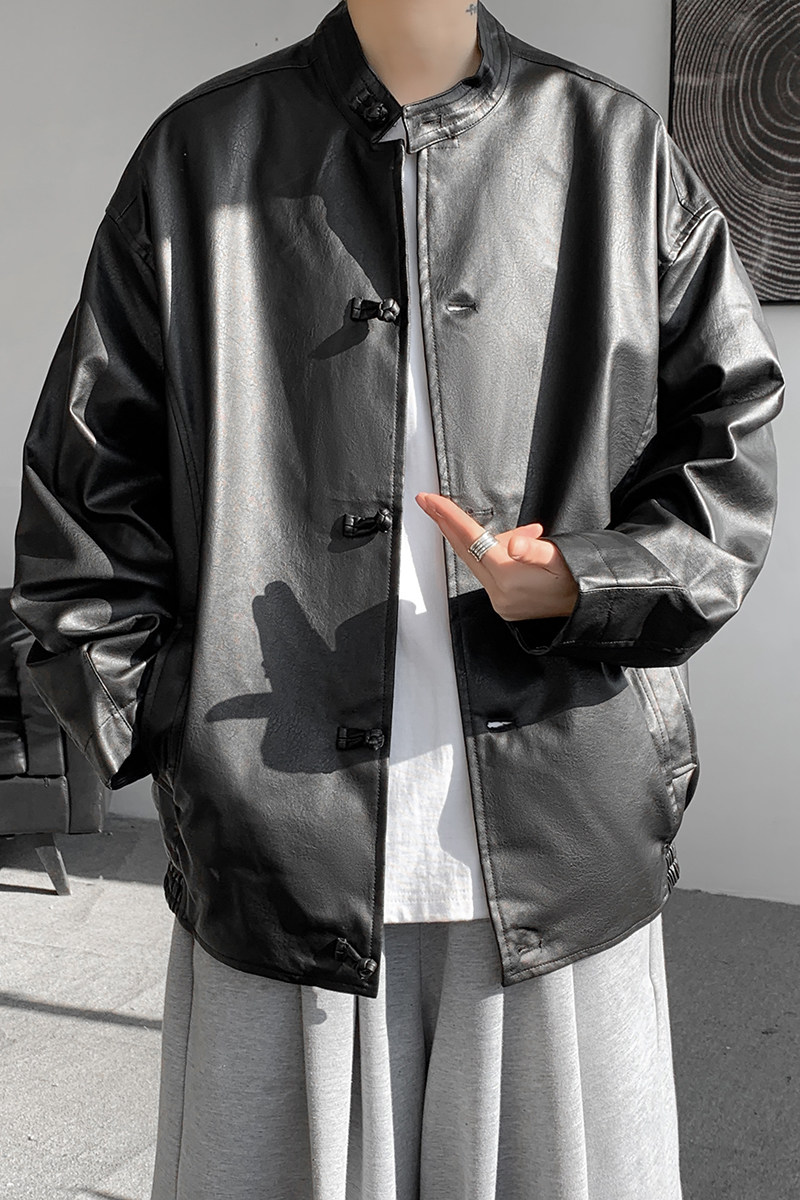 24年复古唐装汉服皮夹克水洗做旧风新中式外套JK69P125,男装夹克,电商B375