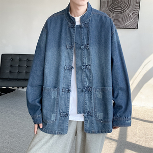 秋冬做旧牛仔夹克厚盘扣中式日系风外套唐装 JK43 P105图片