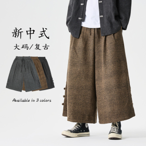秋冬厚毛呢做旧布扣模特图宽松垮裤风阔腿裤 K207 P75图片