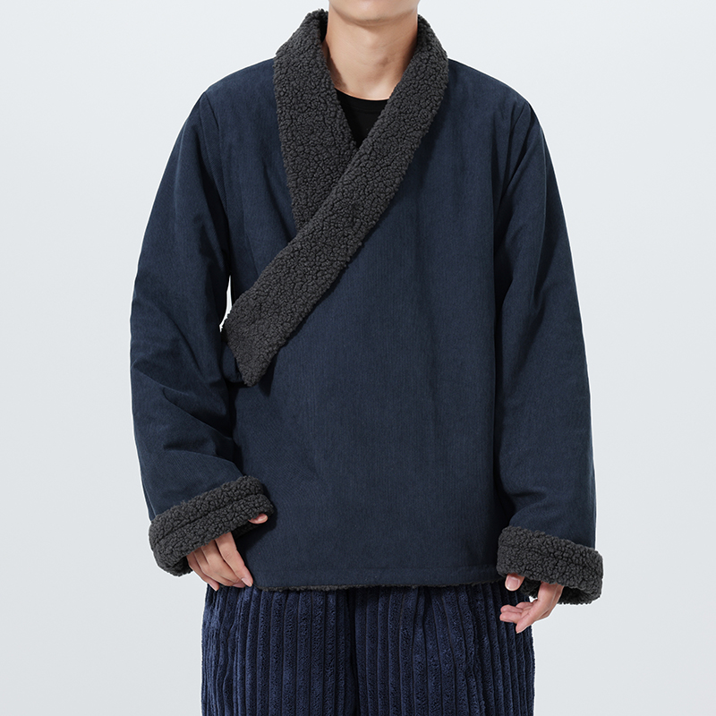 古风日系纯色加绒加厚藏袍宽松翻领风大码棉衣JK85P135，男装棉衣，电商B375