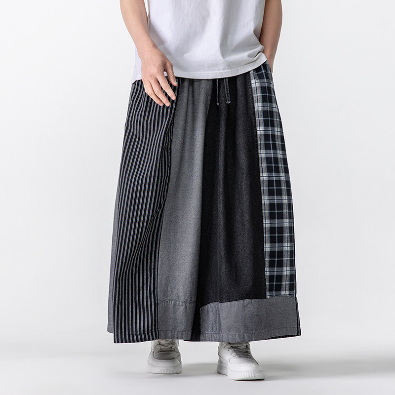 春夏大码垂感拼接阔腿水洗做旧汉服唐装风牛仔裤K200P85,男装牛仔裤,电商B375