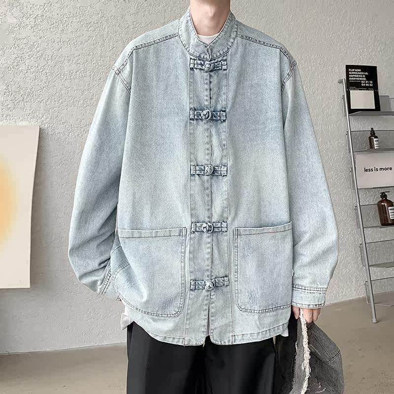 秋冬做旧牛仔夹克厚盘扣中式日系风外套唐装JK43P105,男装工装外套,电商B375