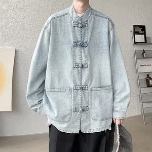 秋冬做旧牛仔夹克厚盘扣中式日系风外套唐装 JK43 P105图片