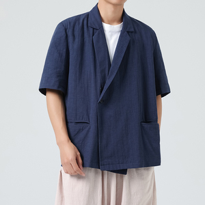 新中式宽松唐装复古中山装短袖棉麻风汉服夏西服 JK73 P80图片