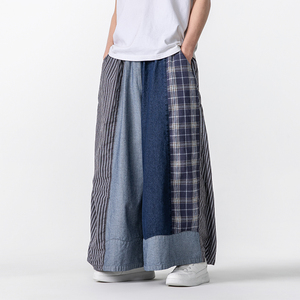 春夏大码垂感拼接阔腿水洗做旧汉服唐装风牛仔裤 K200 P85图片
