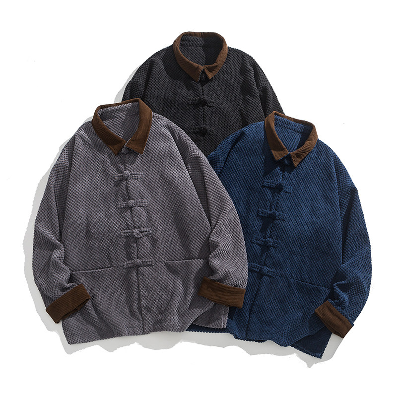 24年复古厚灯芯绒翻领布衣新中式风汉服长袖衬衫JK67P110,男装衬衫,电商B375