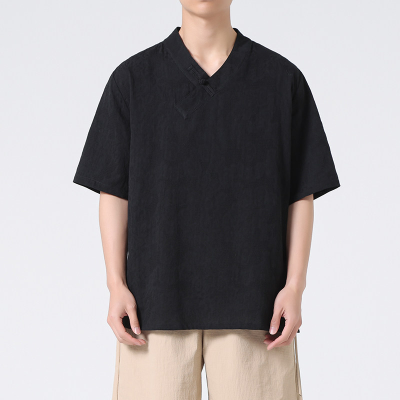 春夏新款棉麻做旧V领布扣新中式风中袖汉服衬衫 C69 F55图片
