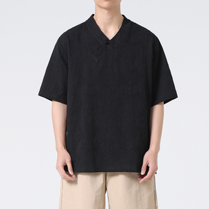 春夏新款棉麻做旧V领布扣新中式风中袖汉服衬衫 C69 F55图片