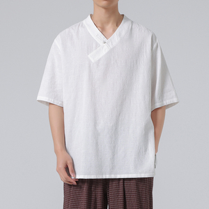 春夏新款棉麻做旧V领布扣新中式风中袖汉服衬衫 C69 F55图片