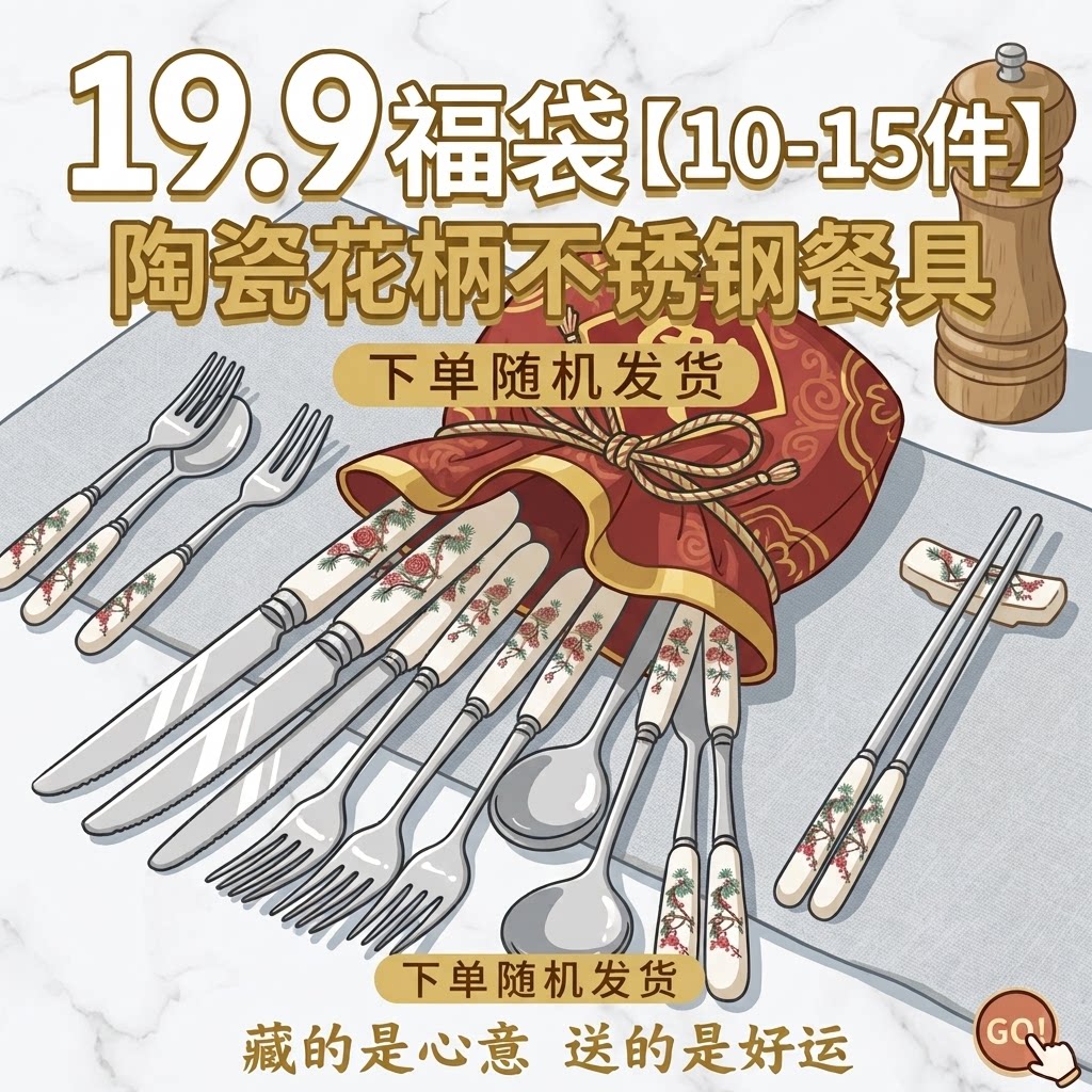 福袋装陶瓷不锈钢餐具套装10-15件