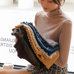 女春秋冬季 2021时尚 洋气木耳边半高领加绒打底衫 内搭加厚百搭黑色