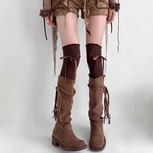 春秋过膝长筒袜美拉德长靴腿袜jk蝴蝶结系带花边洛丽塔小腿堆堆袜