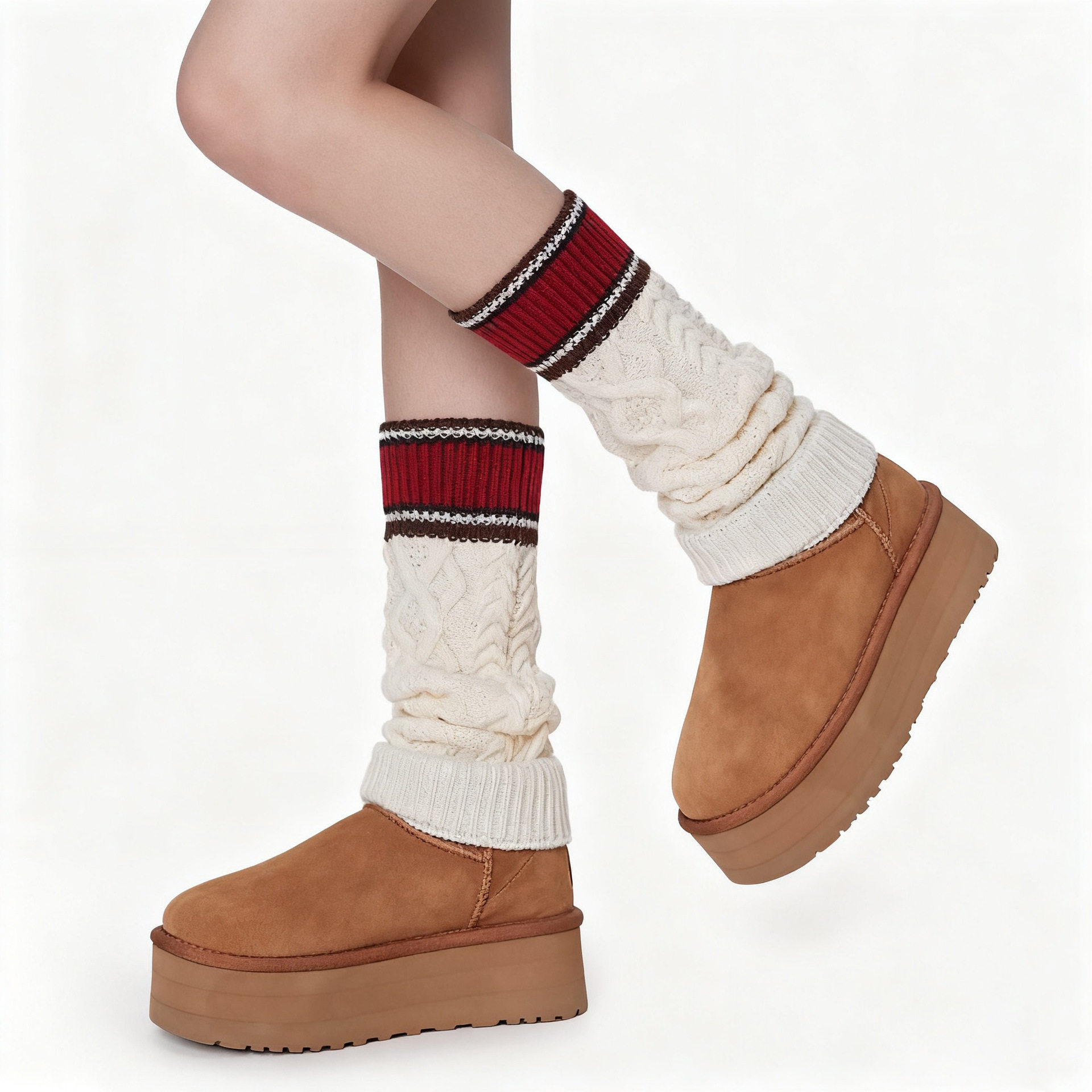 针织袜套女秋冬白色腿套日系甜美麻花纹堆堆袜春季拼色长筒小腿袜