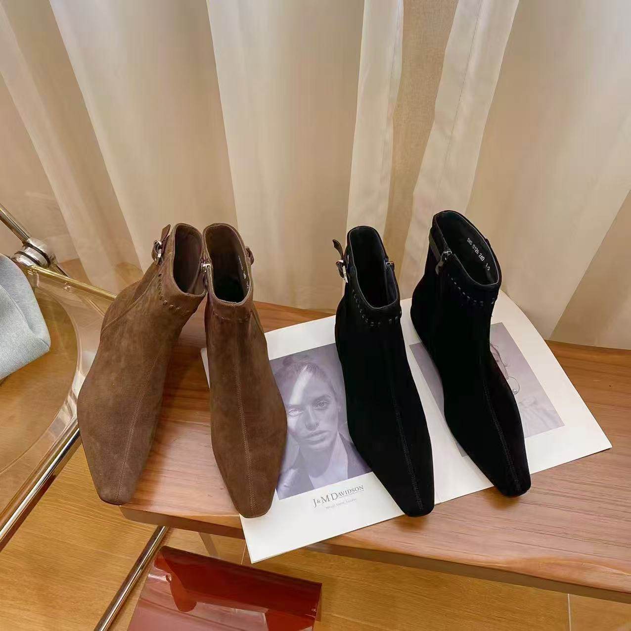 高档头层牛皮粗跟时尚短靴女