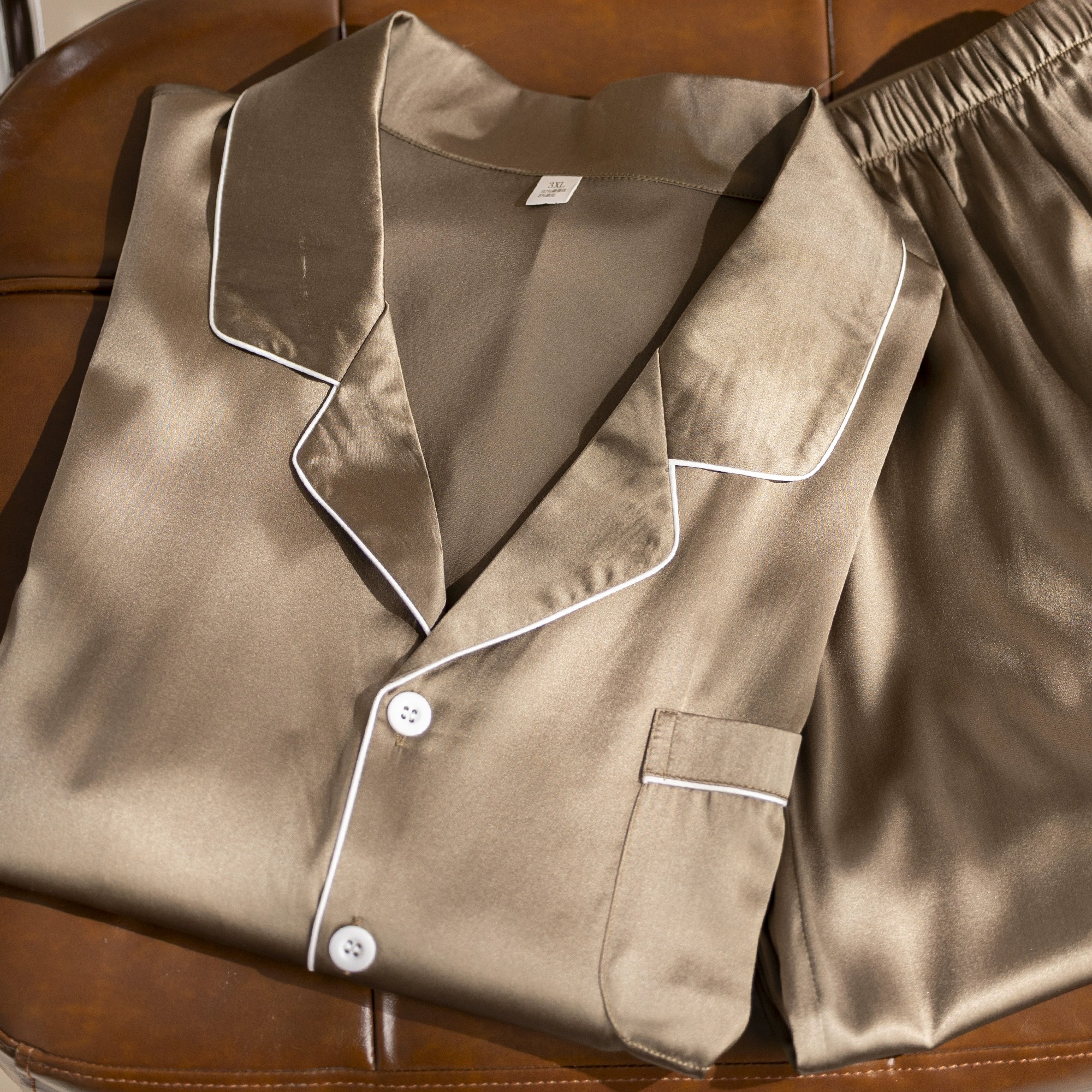 精致高级感咸菜绿桑蚕丝真丝弹力缎男士睡衣舒适简约家居服套装