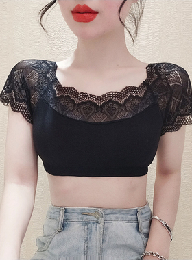 吊带裙内搭打底衫女蕾丝短袖带胸垫网纱一字假领半截裹胸背心上衣