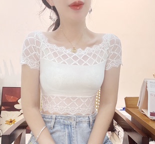 吊带裙内搭女短袖 美背上衣 蕾丝背心打底半截衫 裹胸内衣防走光短款