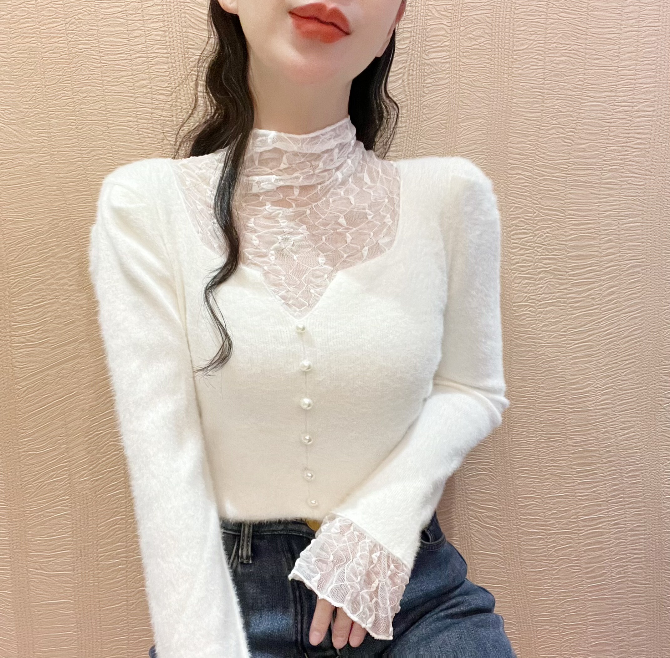 仿水貂绒毛衣女蕾丝拼接加厚保暖高领内搭新款针织打底衫修身上衣,女装/女士精品,毛针织衫,淘宝优惠券,粉丝福利购,淘宝优惠卷