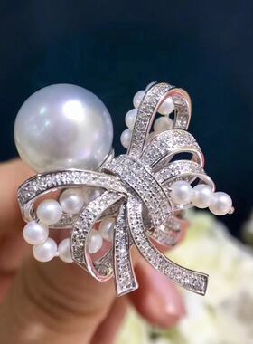 代购南洋白珠戒指澳白海水珍珠钻石蝴蝶结丝带18k白金12-13mm戒指