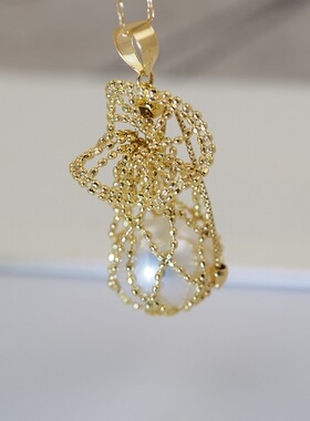 日本代购海水珍珠招财福袋吊坠18K黄金玫瑰金项坠抽拉式钱袋