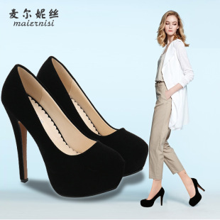 防水台浅口单鞋 Heels Elegant Platform Pumps Suede 绒面高跟鞋