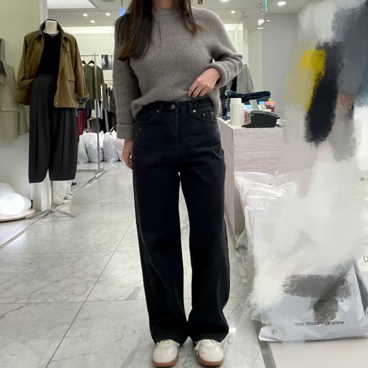 韩国代购pi冬季新款刷毛加绒窄版直筒裤宽松女加厚高腰阔腿牛仔裤