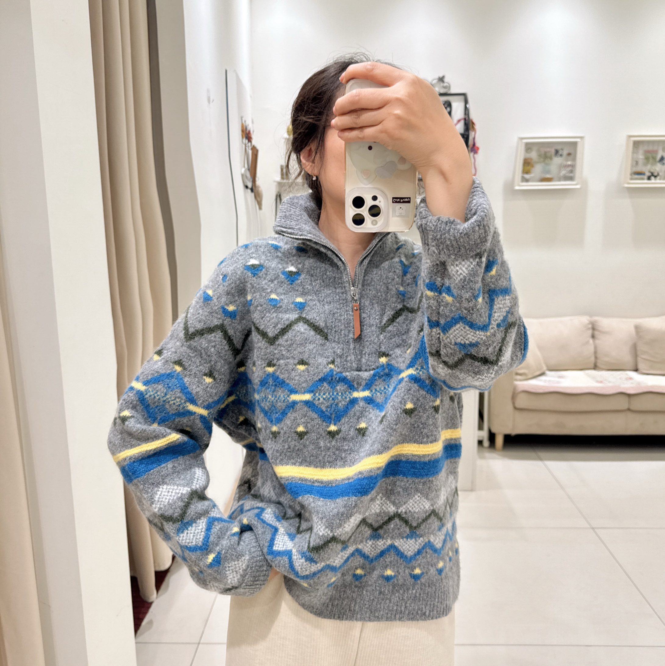 韩国代购fure韩国进口冬季半拉链毛衣复古保暖几何纹提花长袖毛衣