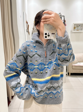 韩国代购fure韩国进口冬季半拉链毛衣复古保暖几何纹提花长袖毛衣