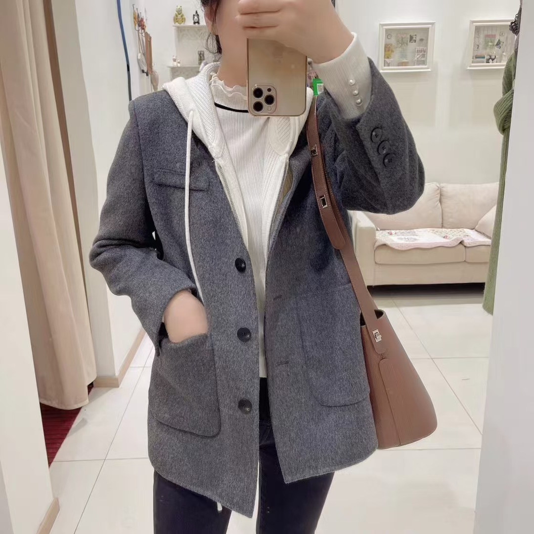欧洲站拼接假两件羊绒大衣修身显瘦保暖外套假两件西装休闲外套