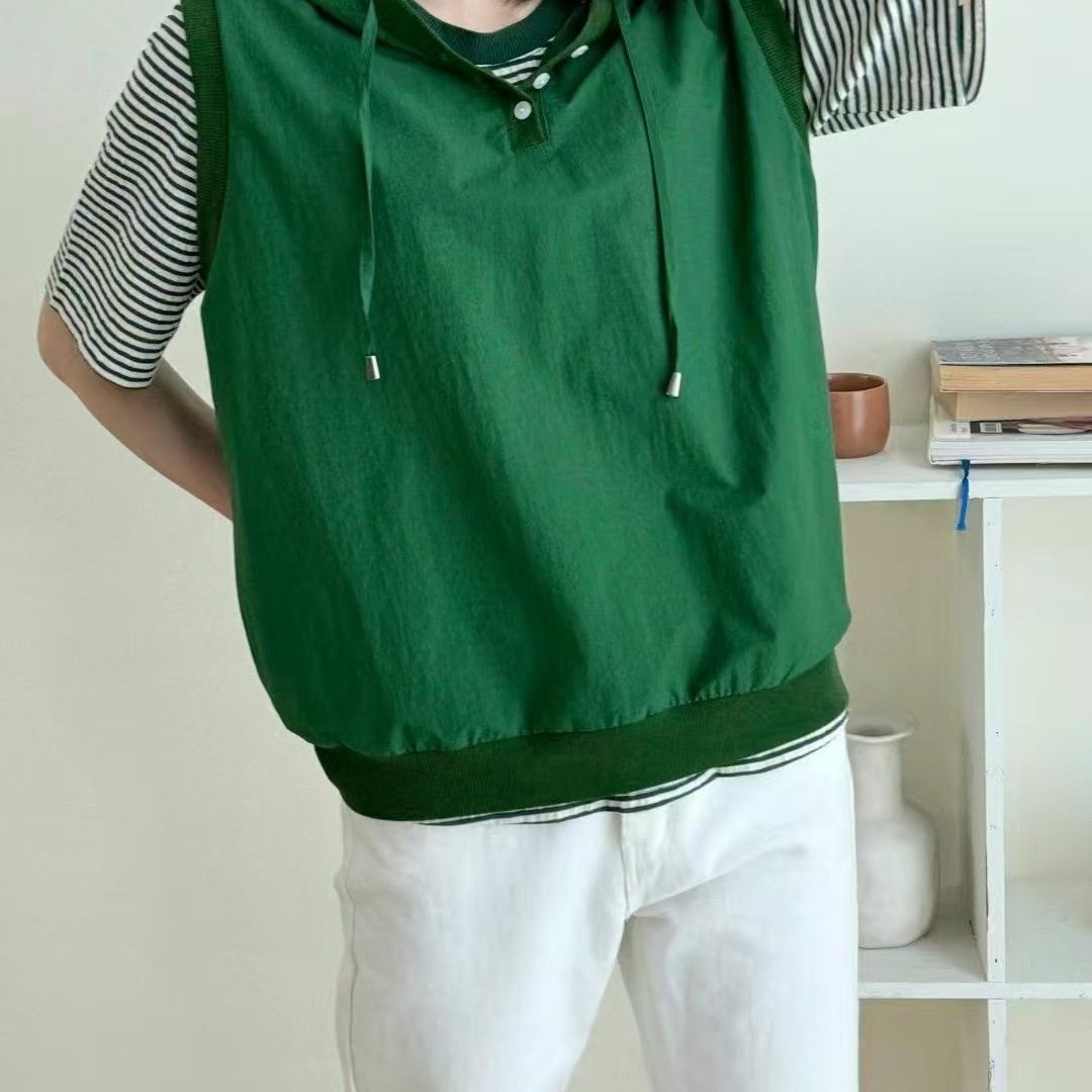 韩国东大门代购DIO速干连帽马甲连帽抽绳半系扣宽松套头衬衣小衫