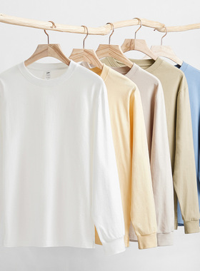 【躺水家】230g螺纹纯棉长袖圆领宽松打底衫白色T恤百搭内搭外穿