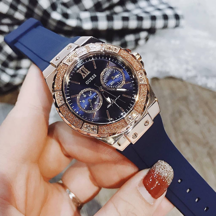 正品guess手表女硅胶表带玫瑰金镶钻大表盘三眼石英女腕表u1053l1