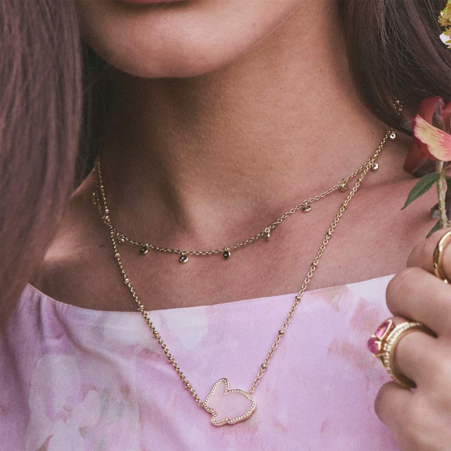 代购Kendra Scott Bunny腮红粉兔子造型女士项链时尚优雅金色链条