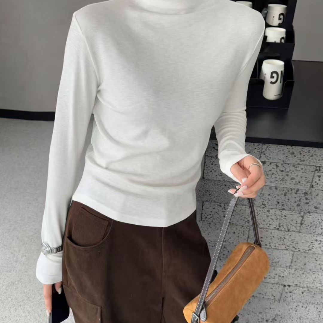 秋冬女长袖半领高领内搭打底衫简约舒适百搭T恤上衣短款弹力