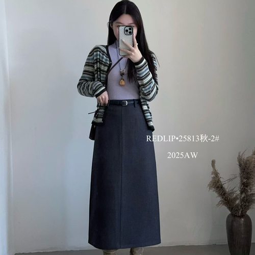 REDLIP红唇23813极简风高腰A字半身裙女秋冬配腰带后开叉显瘦长裙