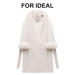 赫本风淑女简约双面呢外套 双面羊毛大衣女狐狸毛袖 气质法式 中长款