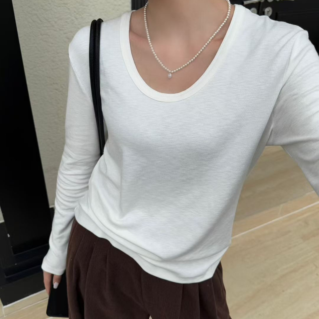 秋冬简约百搭舒适U领打底衫女长袖弹力纯色羊毛T恤